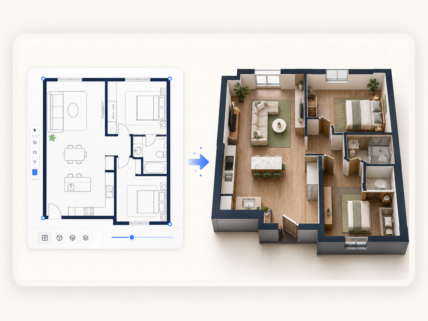 2D floor plan converted into a furnished 3D preview with Floor Plan AI