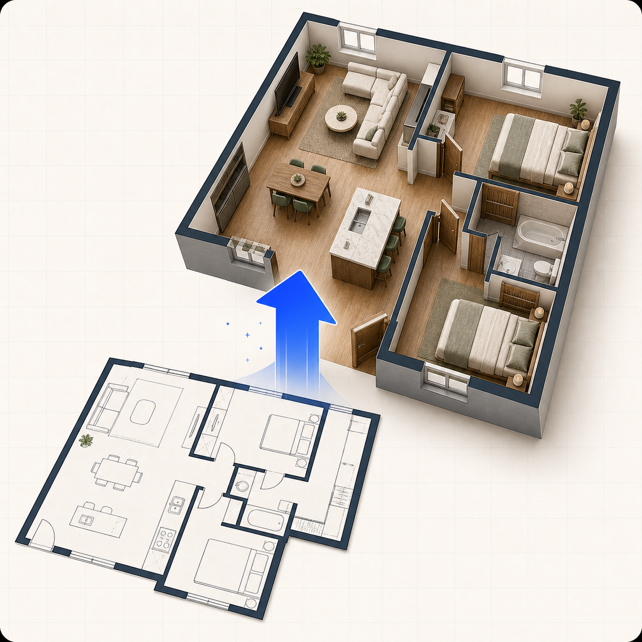 2D floor plan transformed into a furnished 3D floor plan preview