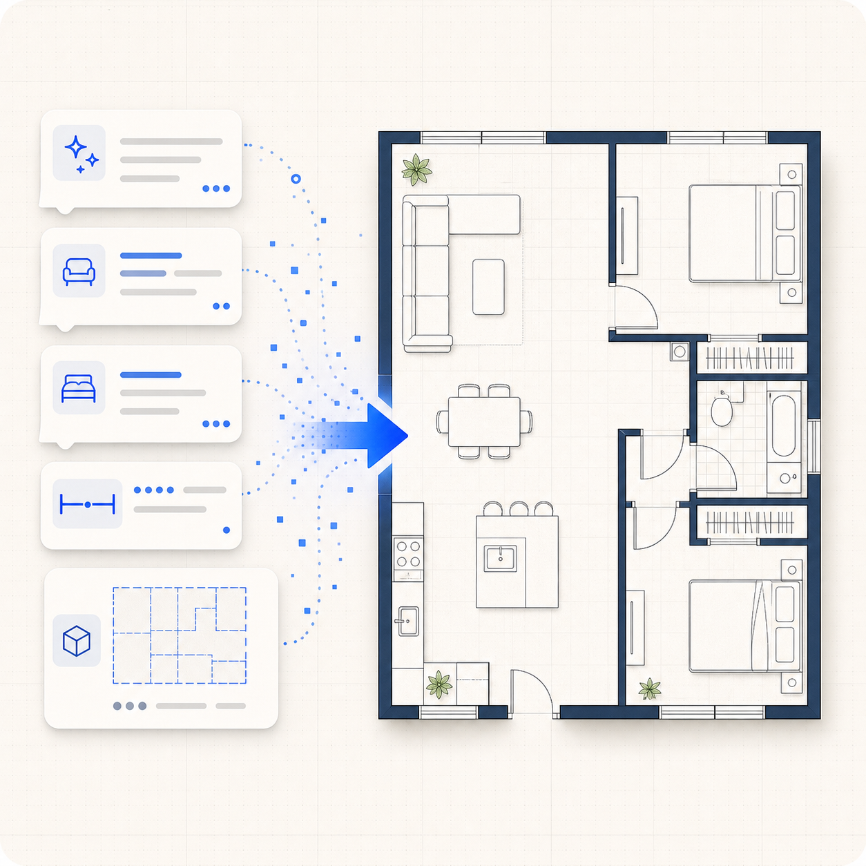 AI suggestions converted into a clean apartment floor plan