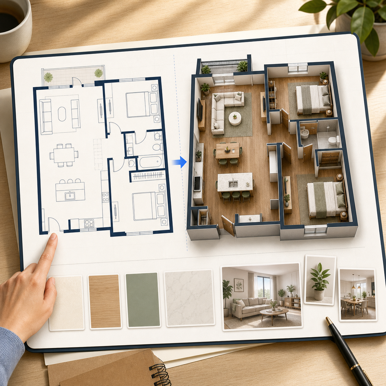 Client presentation board with 2D plan, 3D preview, materials, and interior references