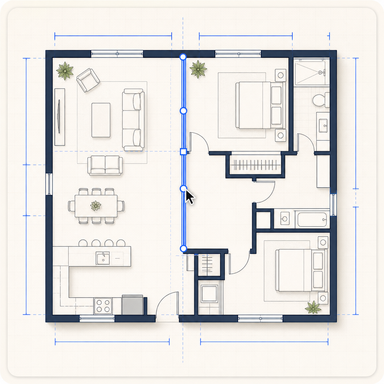 Generated floor plan with room labels and dimension guides