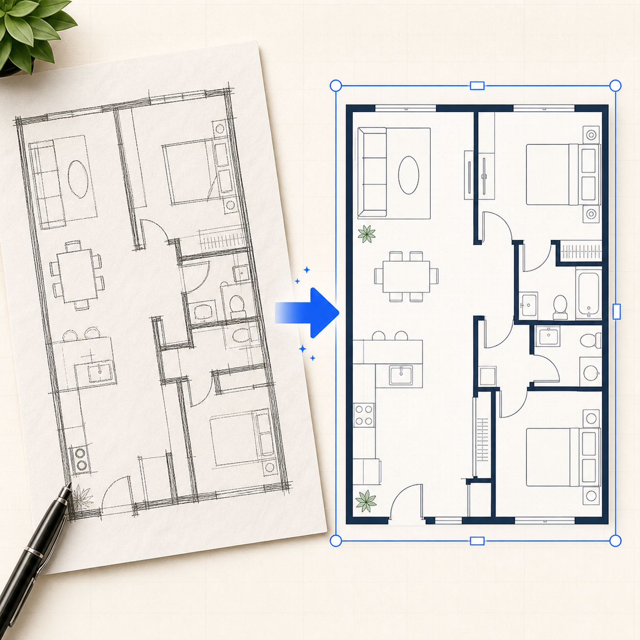 Homepage Floor Plan AI workspace preview with reviewable 2D PNG draft