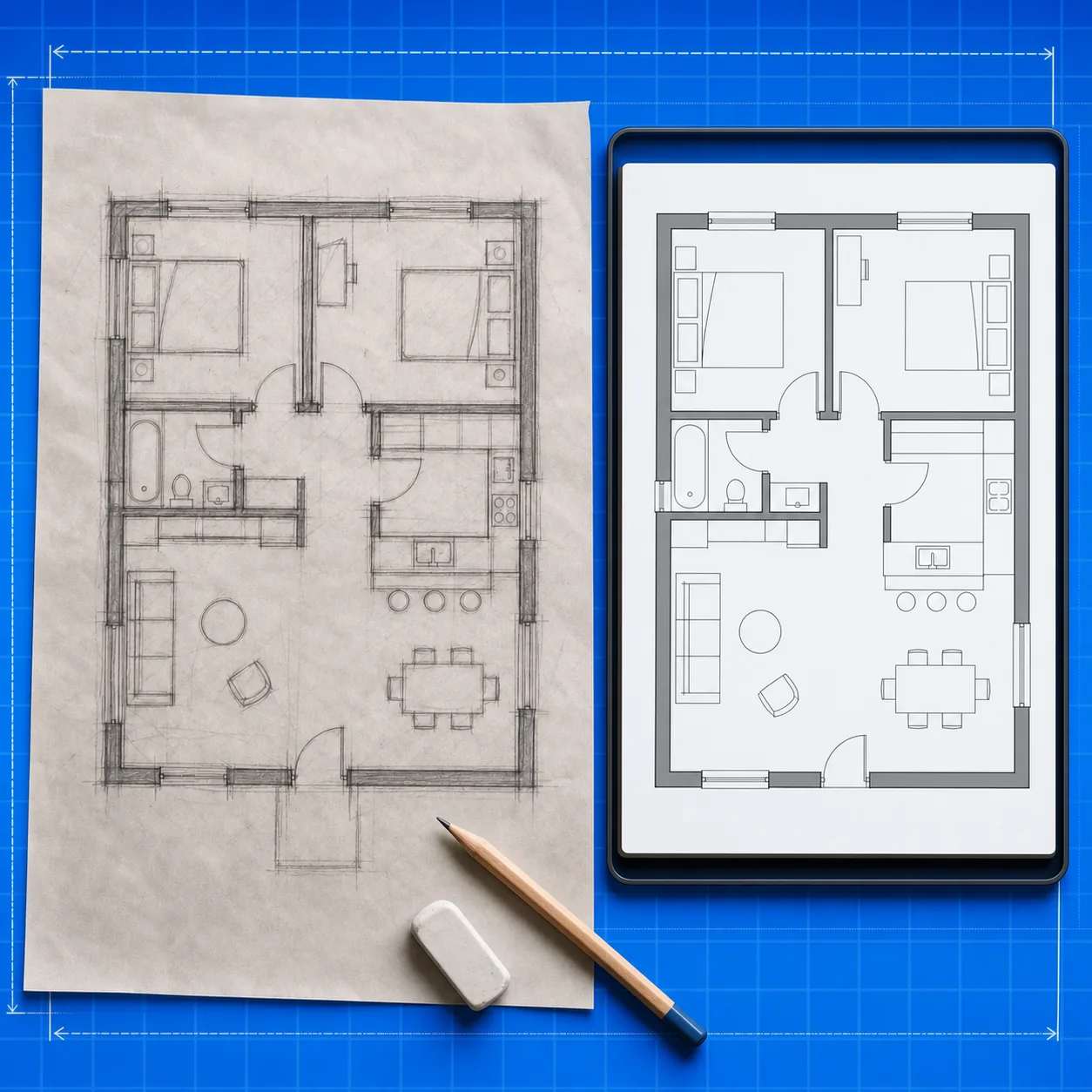 Rough pencil floor plan sketch converted into structured architectural linework