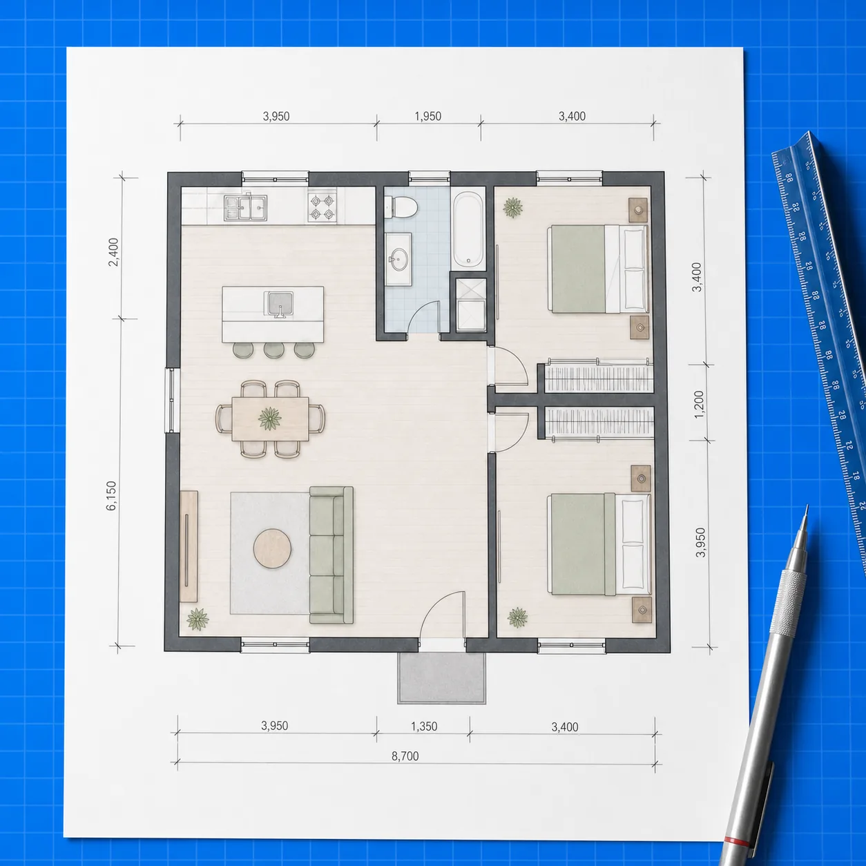 Floor plan with exterior dimension guides and visible openings for review