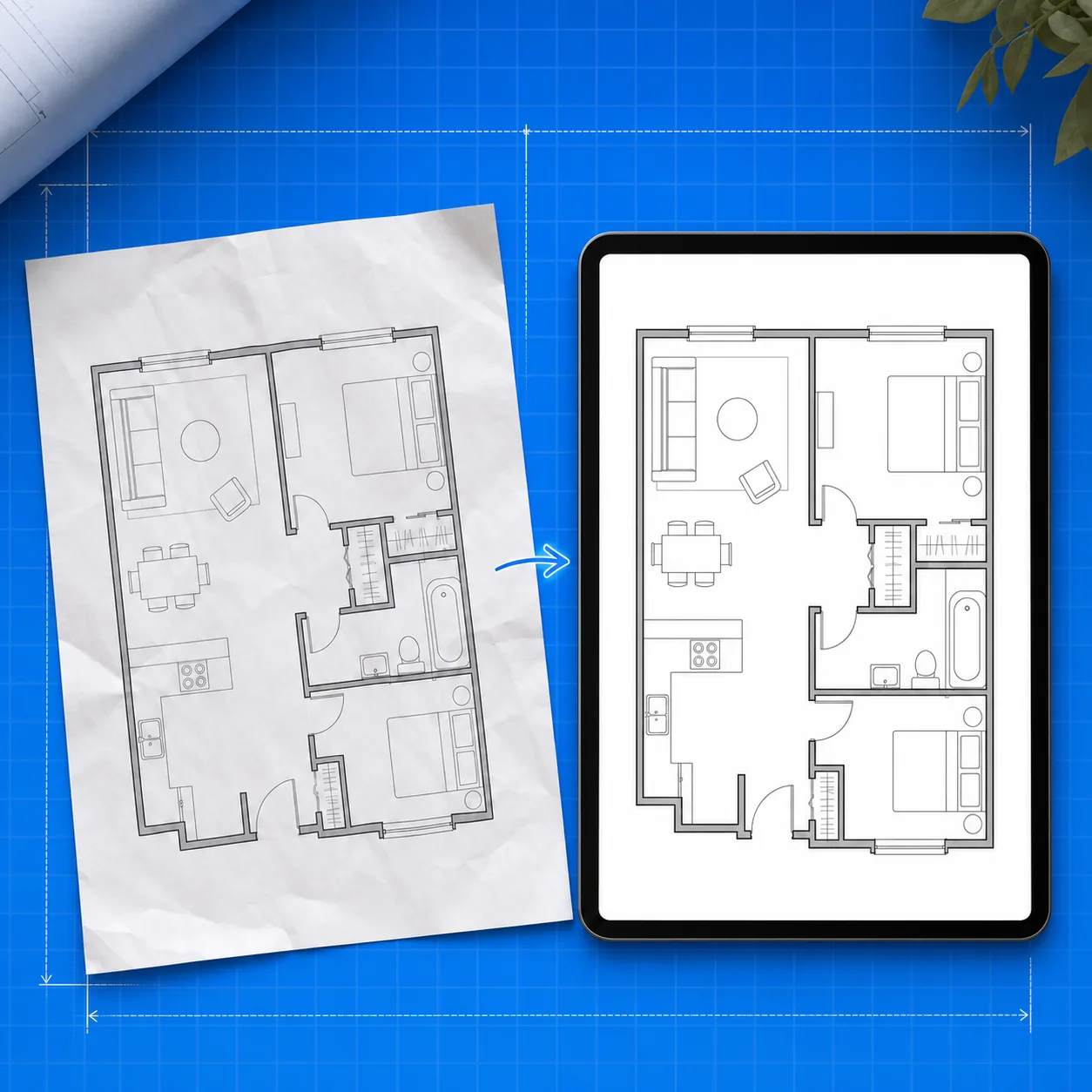 Photographed floor plan reference converted into a clean technical floor plan