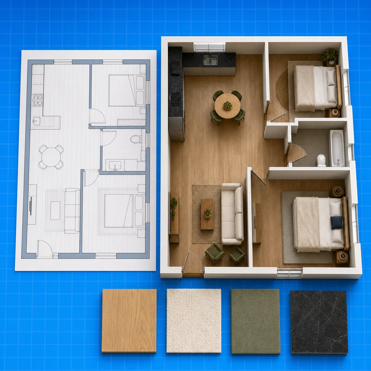 Technical floor plan compared with a furnished interior design version of the same layout