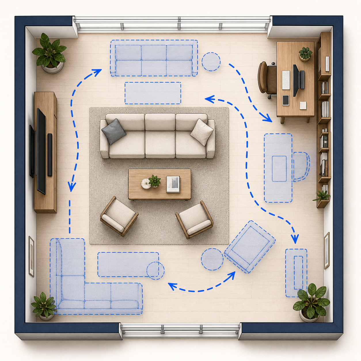 Top down furnished room layout with alternative furniture positions and circulation paths