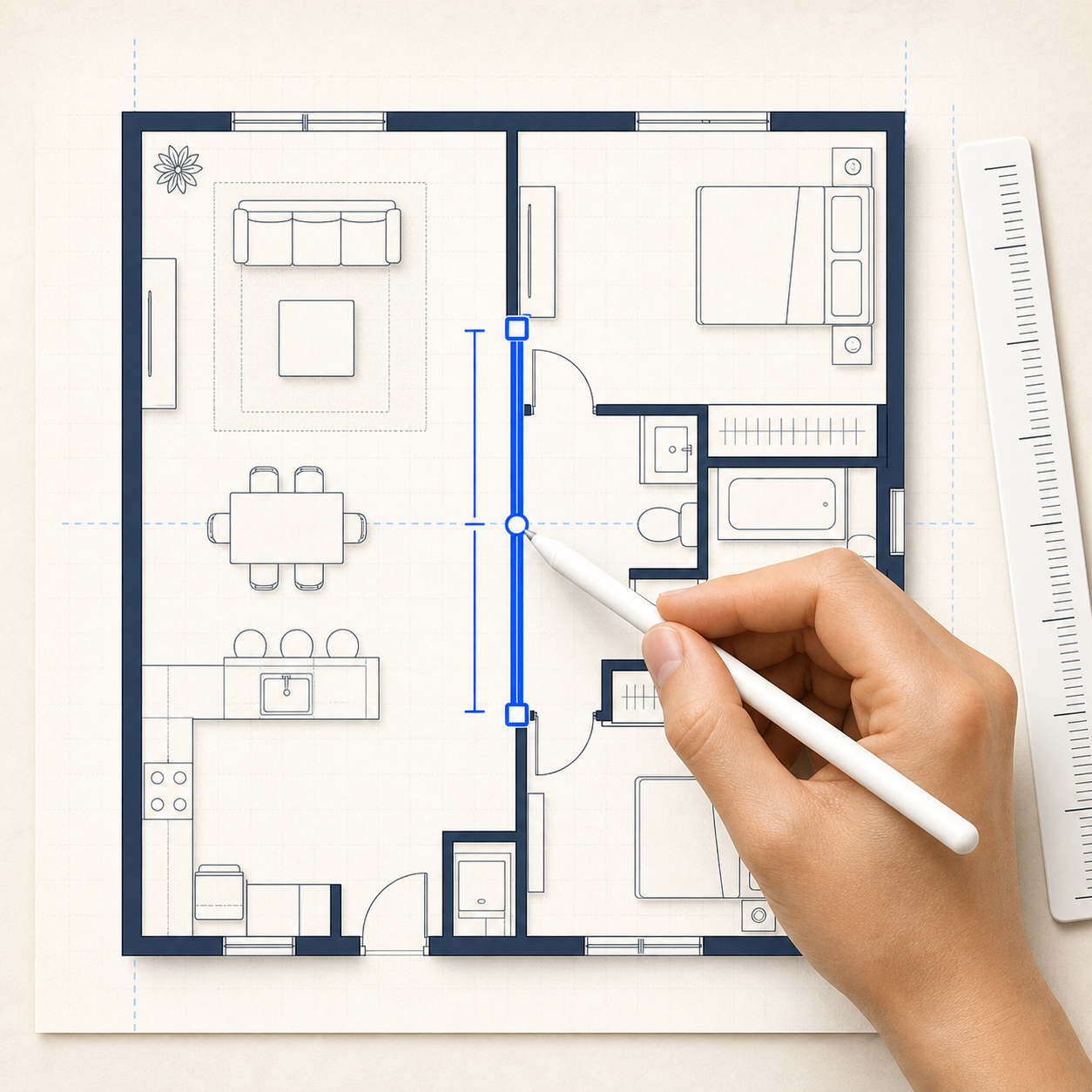 Floor plan known-size review with a highlighted measurement wall