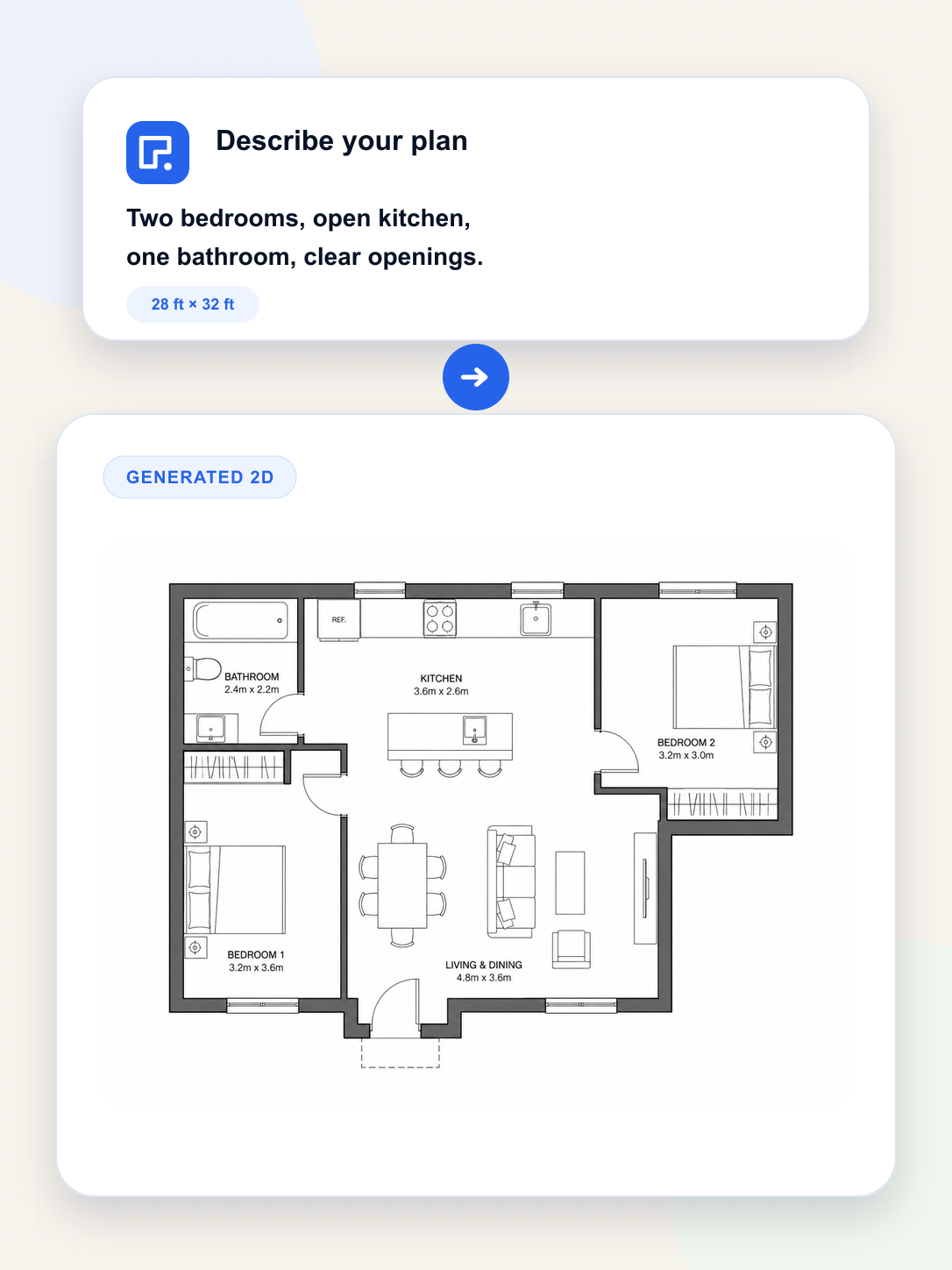 Prompt or reference image converted into a generated 2D floor plan inside Floor Plan AI