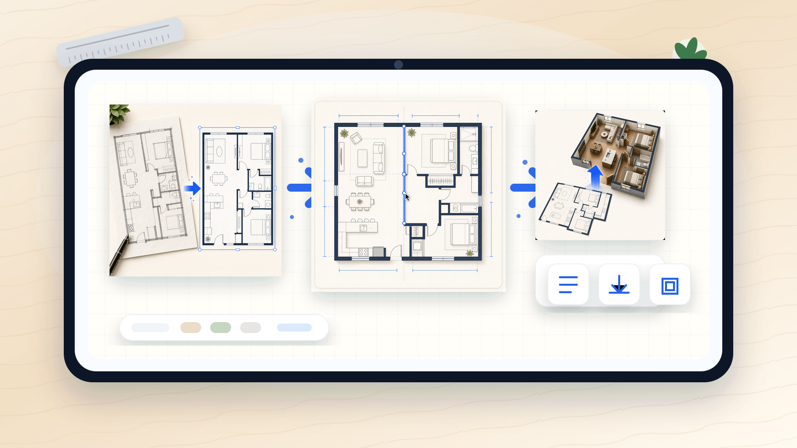 iPad workspace showing Floor Plan AI from sketch input to generated plan, 3D-style preview, and saved PNG result