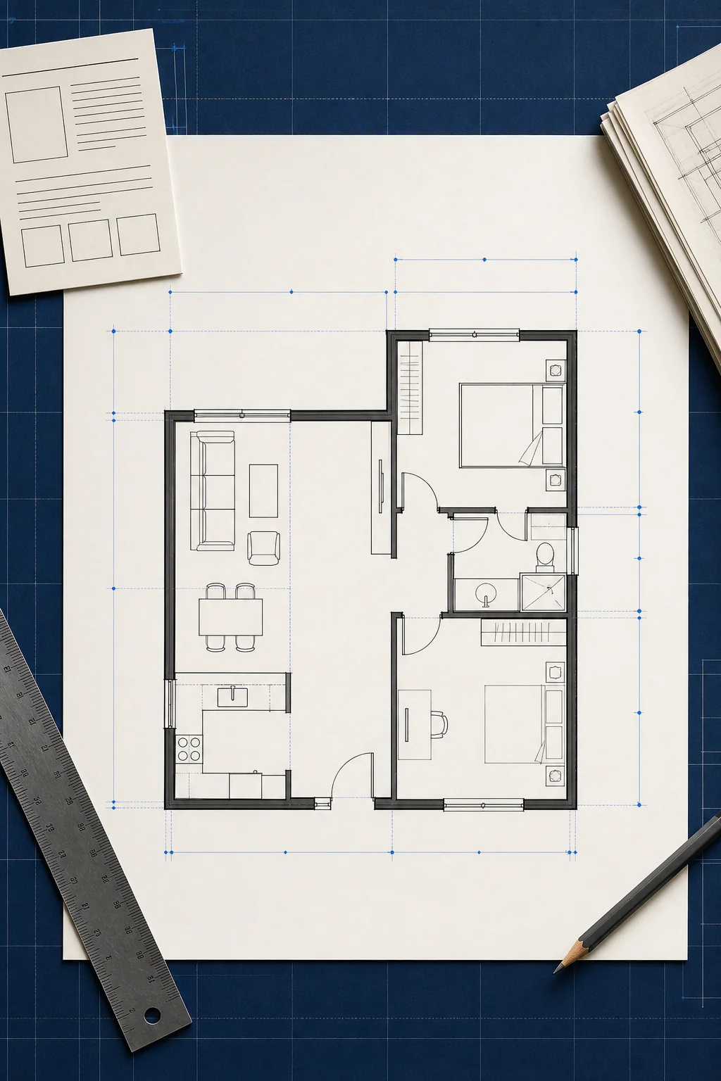 technical 2D floor plan review sheet with restrained measurement guides on a blueprint desk