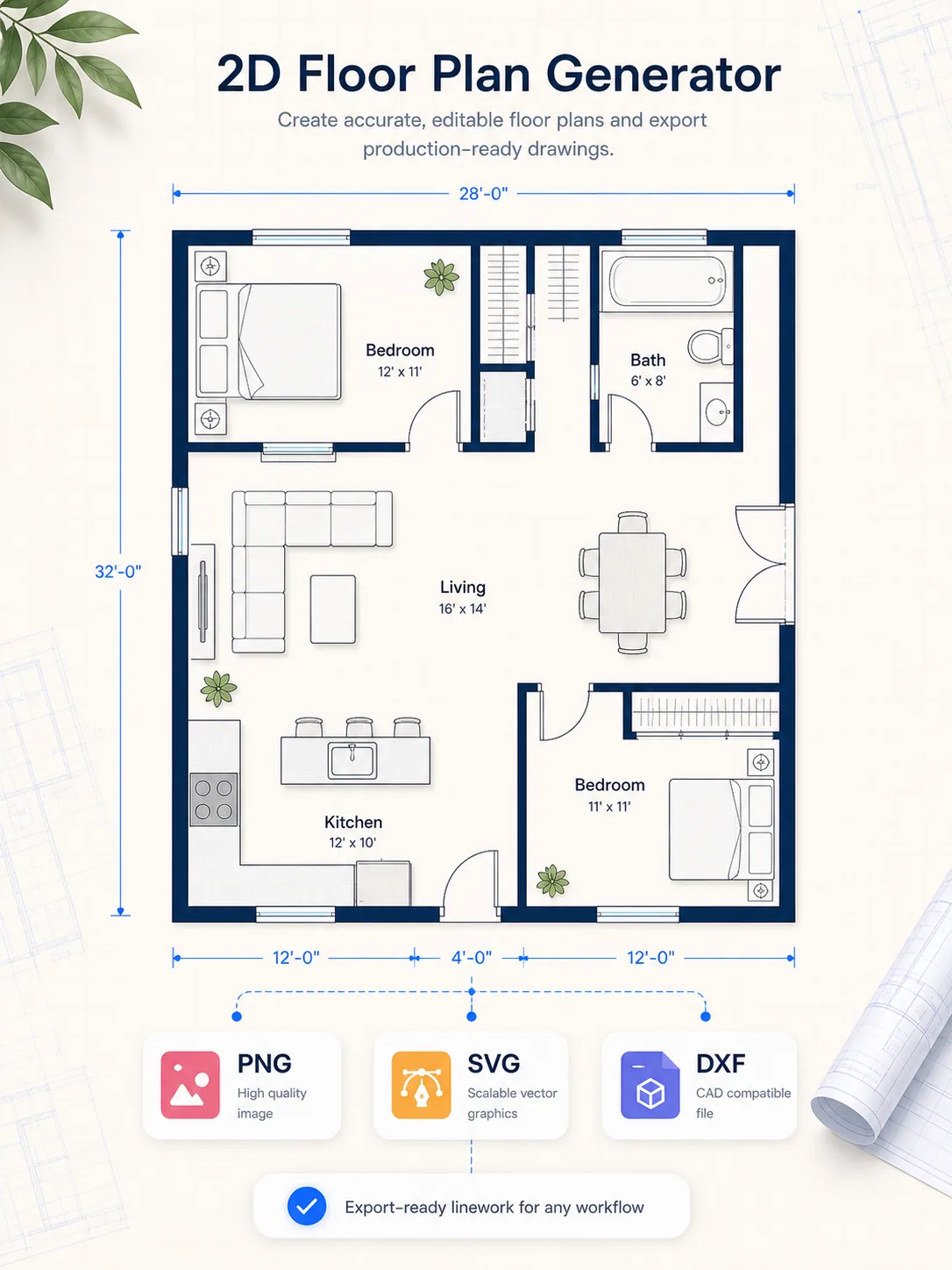 2D floor plan generator feature image with export-ready linework and dimensions