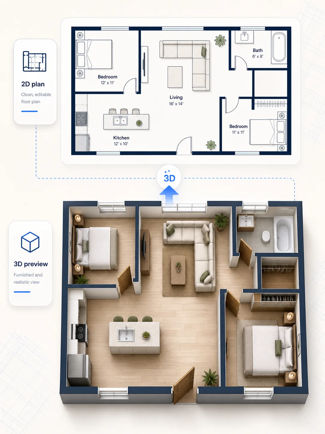 3D floor plan generator feature image showing 2D plan transformed into furnished preview