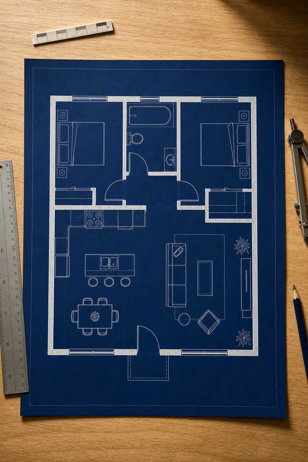 navy architectural blueprint planning image on a drafting desk with ruler and pencil