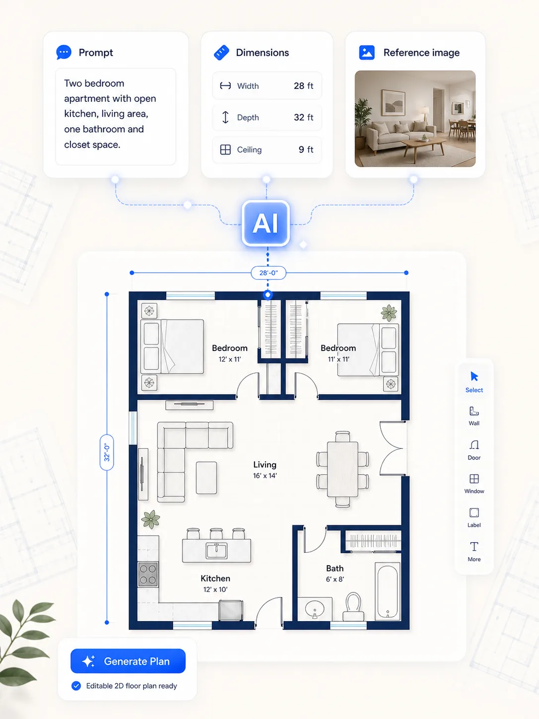 AI floor plan generator feature image with prompt dimensions and reference image inputs