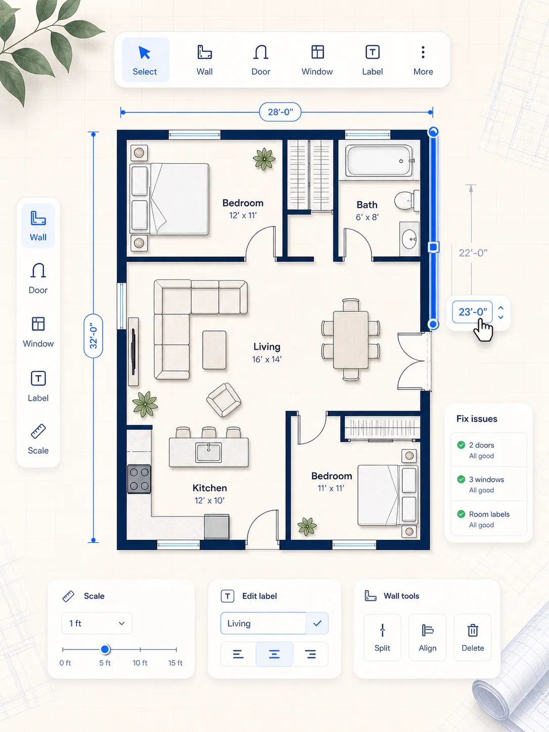 floor plan review feature image with generated walls labels and dimension notes