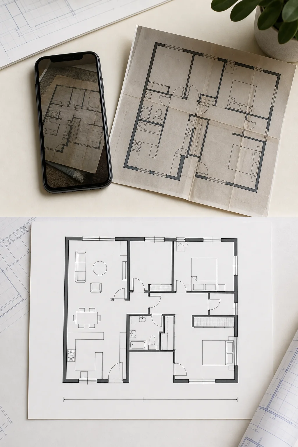 phone photograph of an old property plan beside a separate clean 2D review draft
