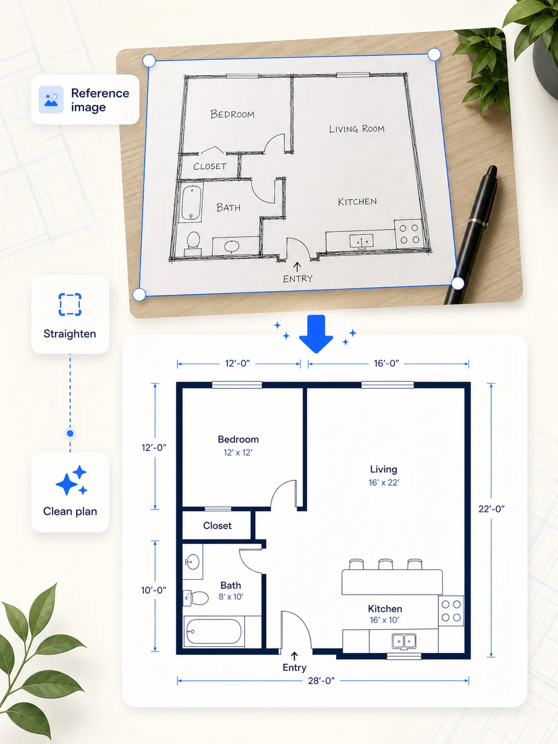 floor plan from photo feature image converting a reference photo into a generated plan