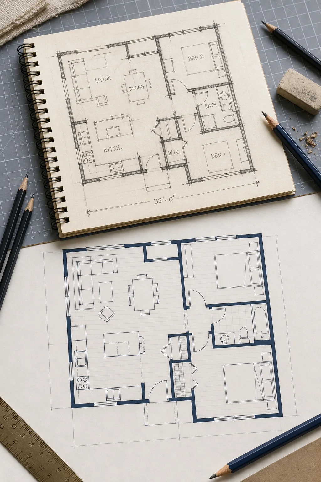 pencil floor plan sketch in a notebook above a separate clean 2D review draft