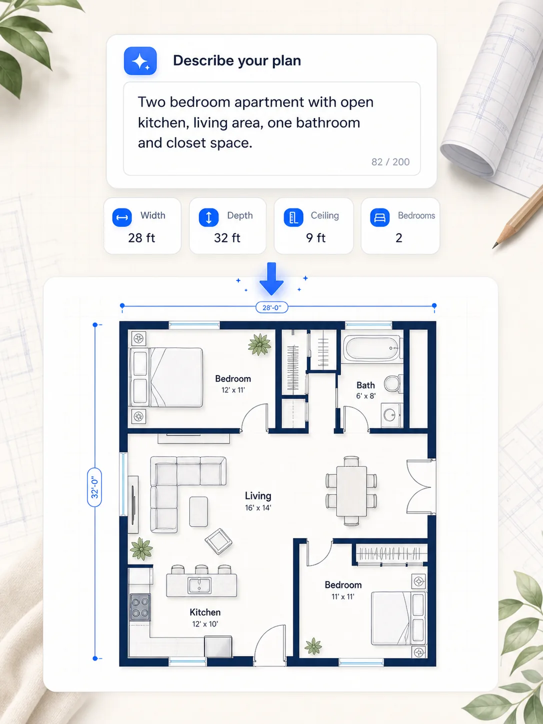 floor plan generator feature image showing prompt inputs converted into a generated 2D plan