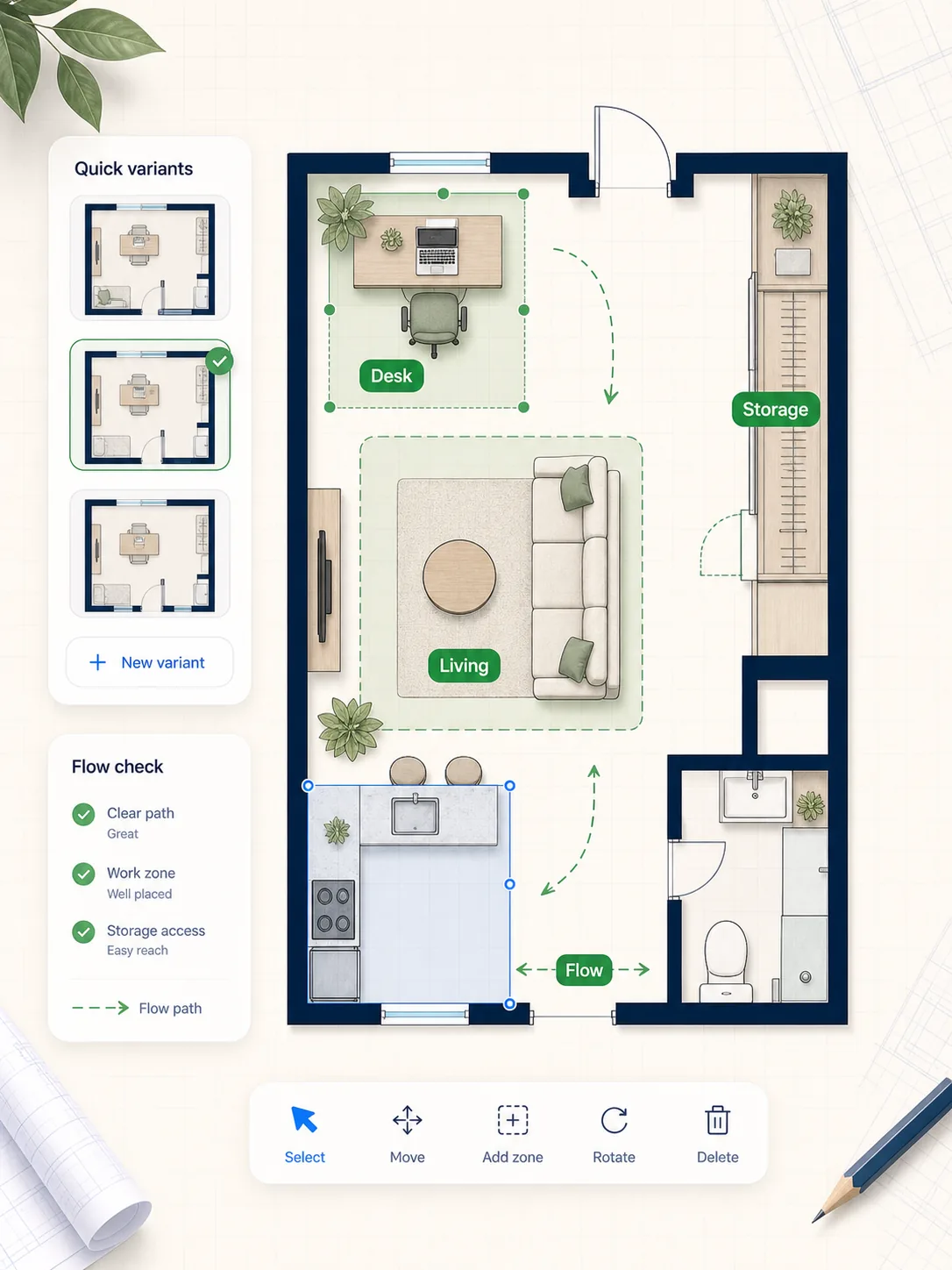 floor plan maker feature image showing quick furniture zones and room flow