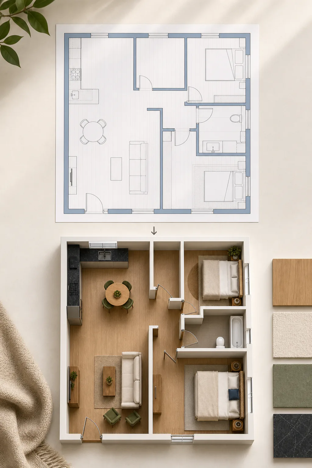 clean floor plan above a furnished top-down interior concept based on the same layout