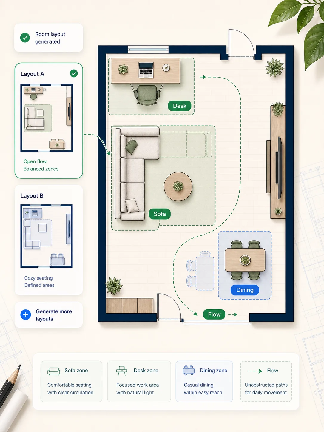 room layout generator feature image with furniture zones and circulation paths