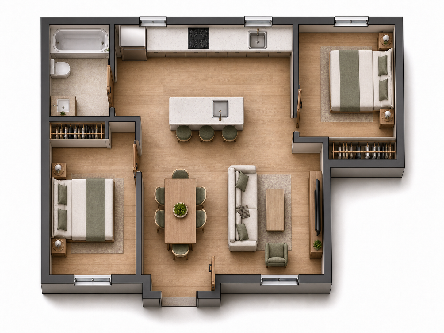 Furnished overhead 2.5D apartment floor plan