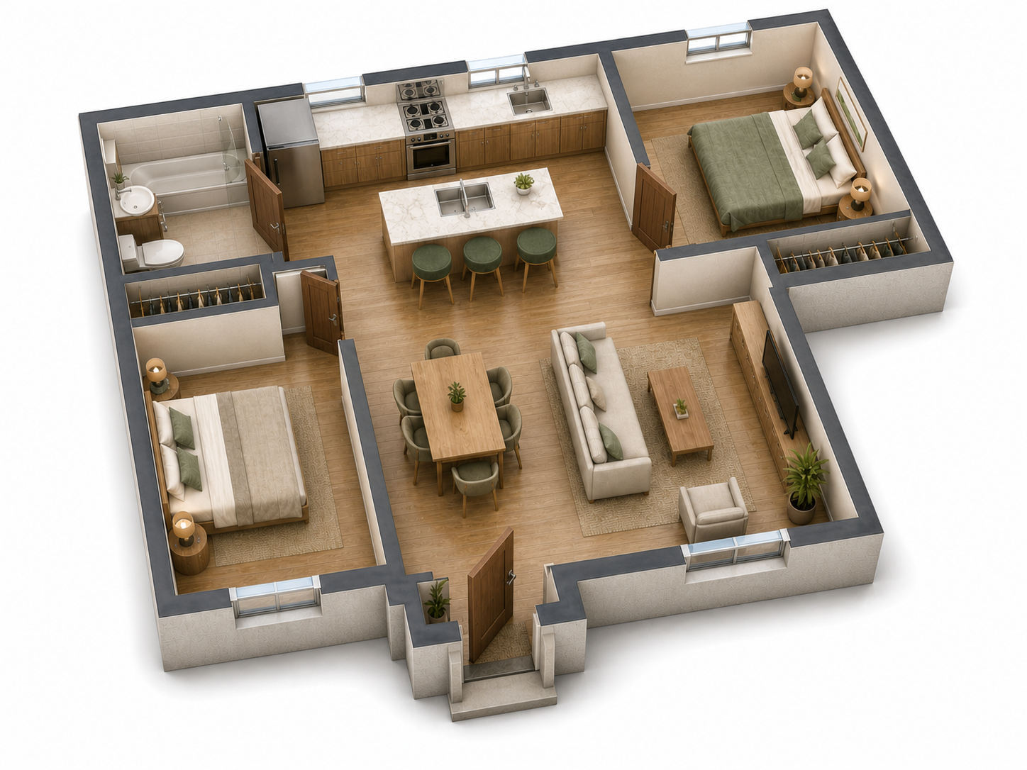 Furnished 3D isometric apartment floor plan
