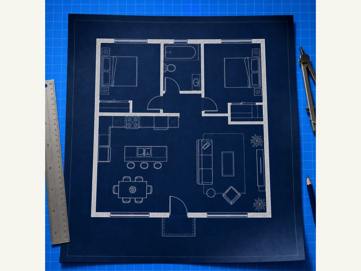 Blue architectural blueprint floor plan