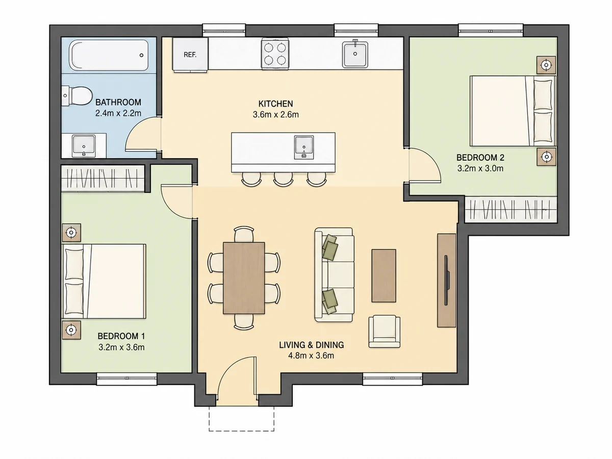 Colored top-down 2D floor plan with furniture and room zones