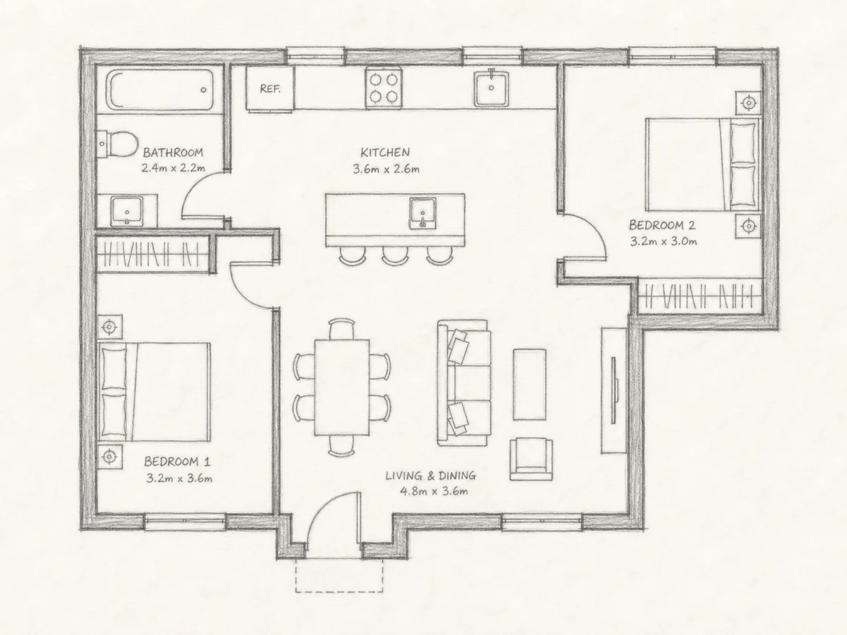 Hand-drawn graphite floor plan style preview