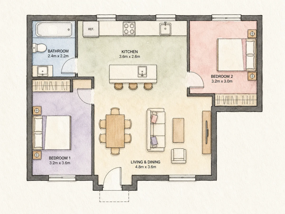 Architectural watercolor floor plan style preview