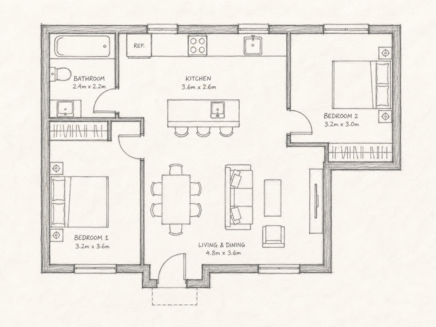 Hand-drawn pencil apartment floor plan with room labels and dimensions