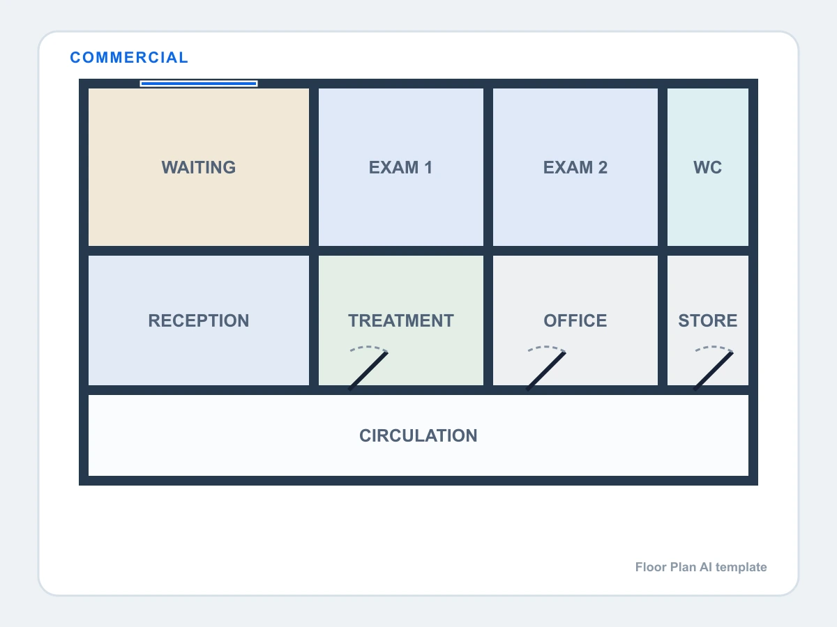 Small clinic floor plan with waiting, reception, exam rooms, office, treatment room, and services