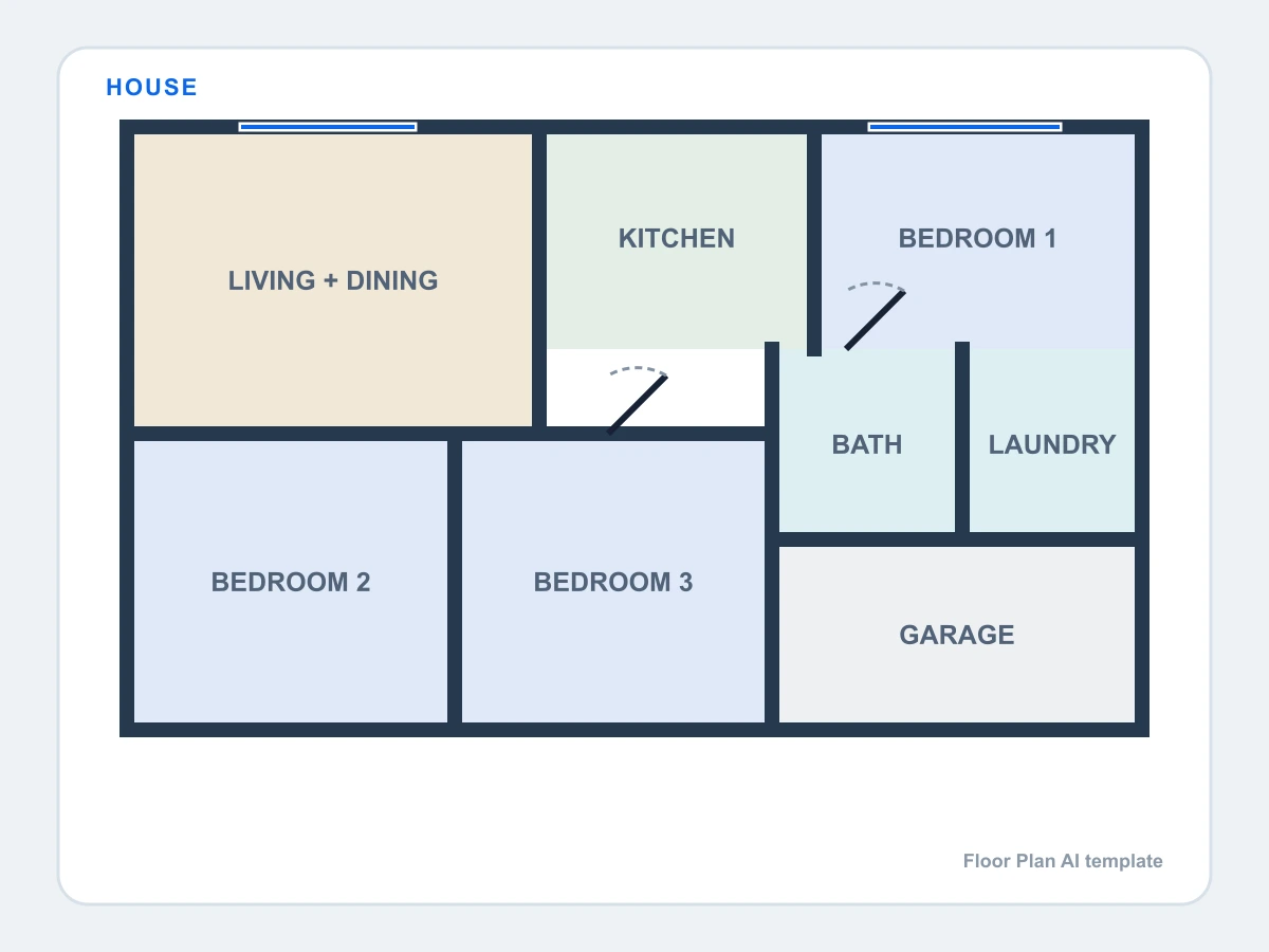 Three-bedroom family house floor plan with garage, kitchen, living room, bath, and laundry