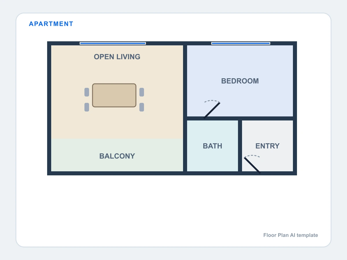 Compact one-bedroom apartment floor plan with balcony and open living area