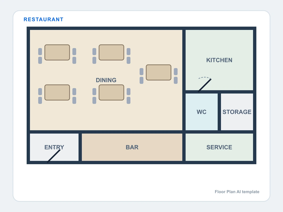 Restaurant floor plan with dining tables, kitchen, bar, entry, storage, and service area