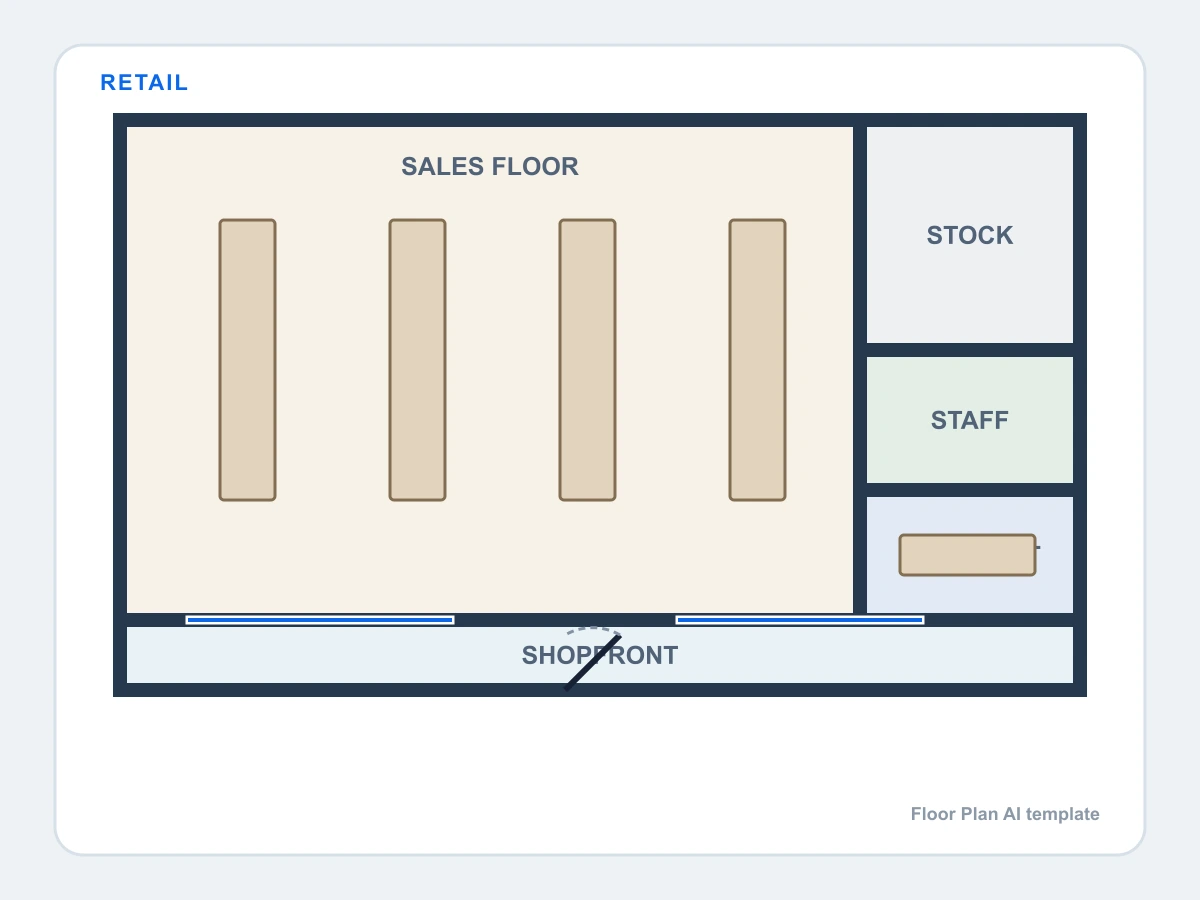 Retail store floor plan with shelves, stock room, staff room, checkout, and storefront